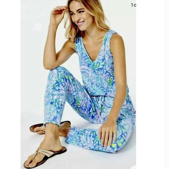 Lilly Pulitzer Paulina Jumpsuit In Full Bloom Aqua Blue Cottagecore Floral S